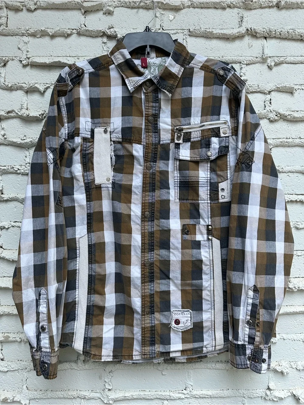 FUSAI Jeans Mens Large Plaid Utility Snap Shirt, Moto Grunge  Y2K Heavy Cotton L